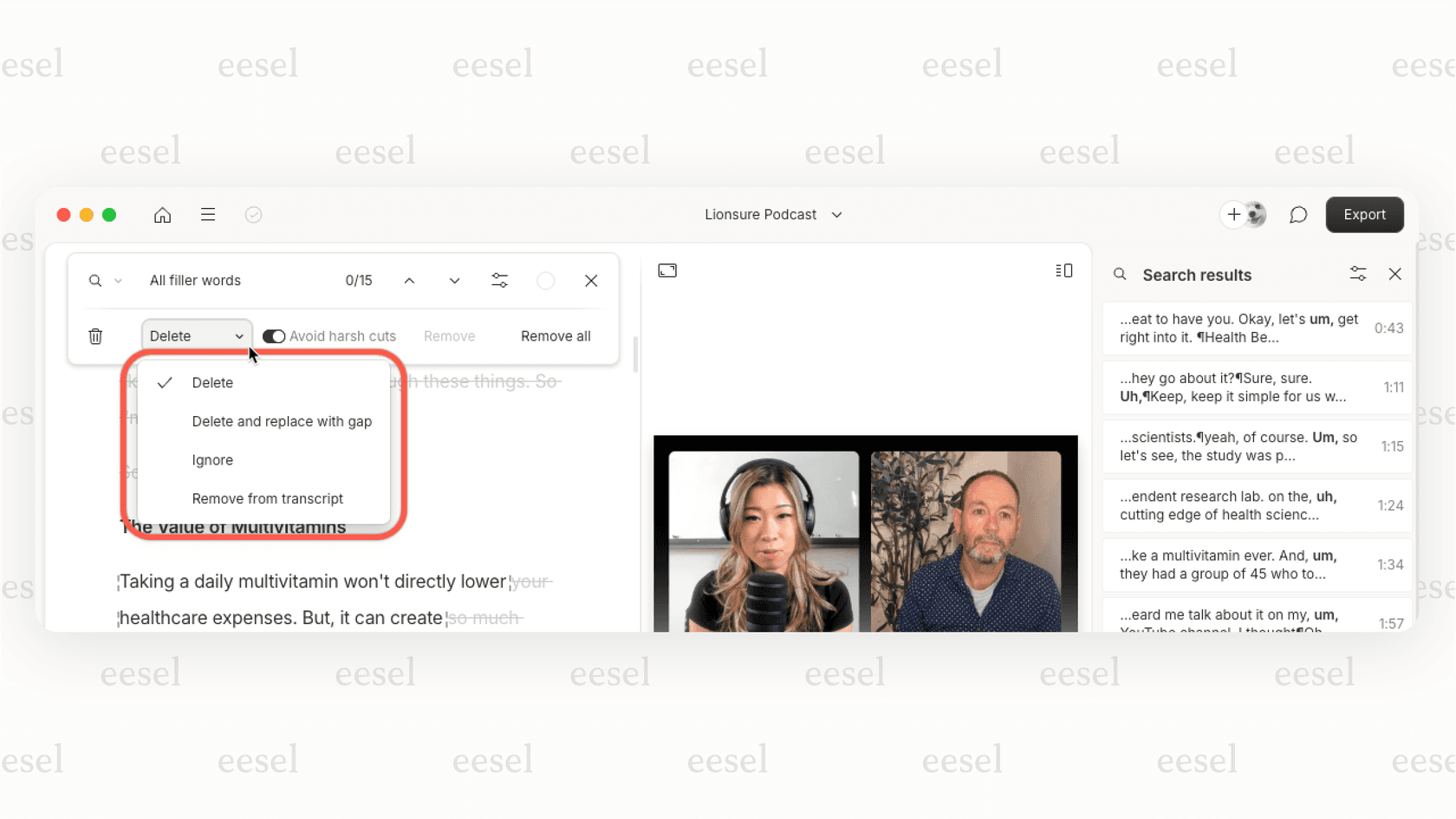 Screenshot des Descript-Editors, in dem die Bearbeitung des Texttranskripts automatisch die Audiodatei bearbeitet, eine Schlüsselfunktion dieses KI-Tools für kleine Unternehmen. Dieses Bild veranschaulicht, wie die textbasierte Bearbeitung von Descript in der Praxis funktioniert.::