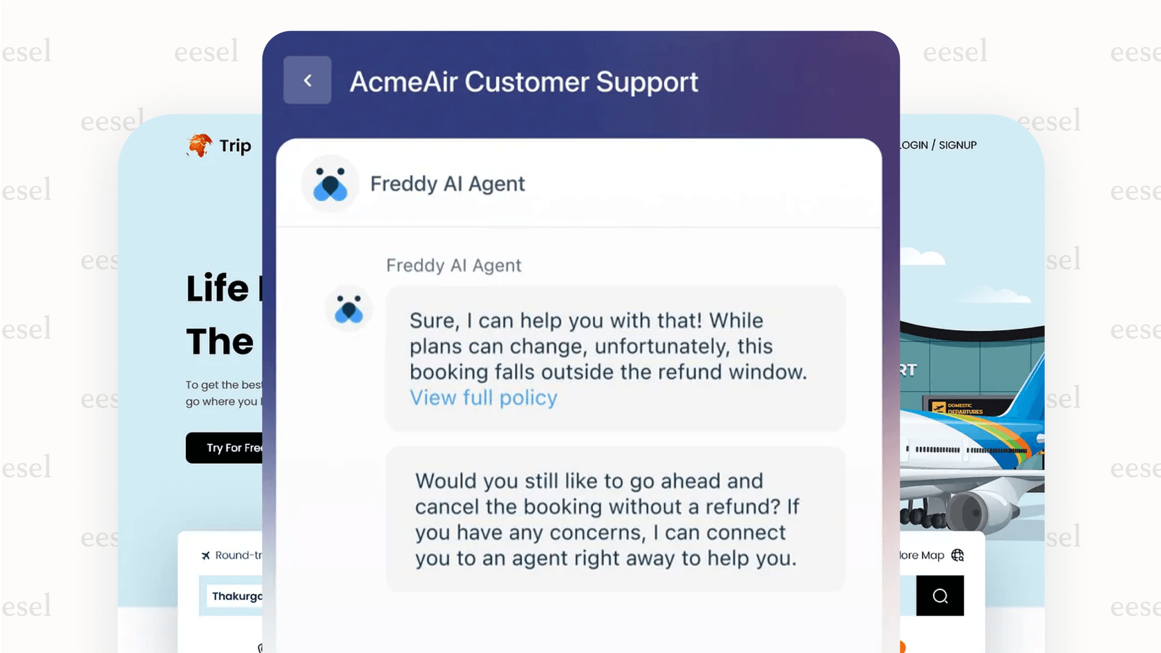 An image of a website with the Freshdesk AI chatbot widget open, showing the AI answering a common customer question, demonstrating the automation capabilities of Freshdesk AI features.