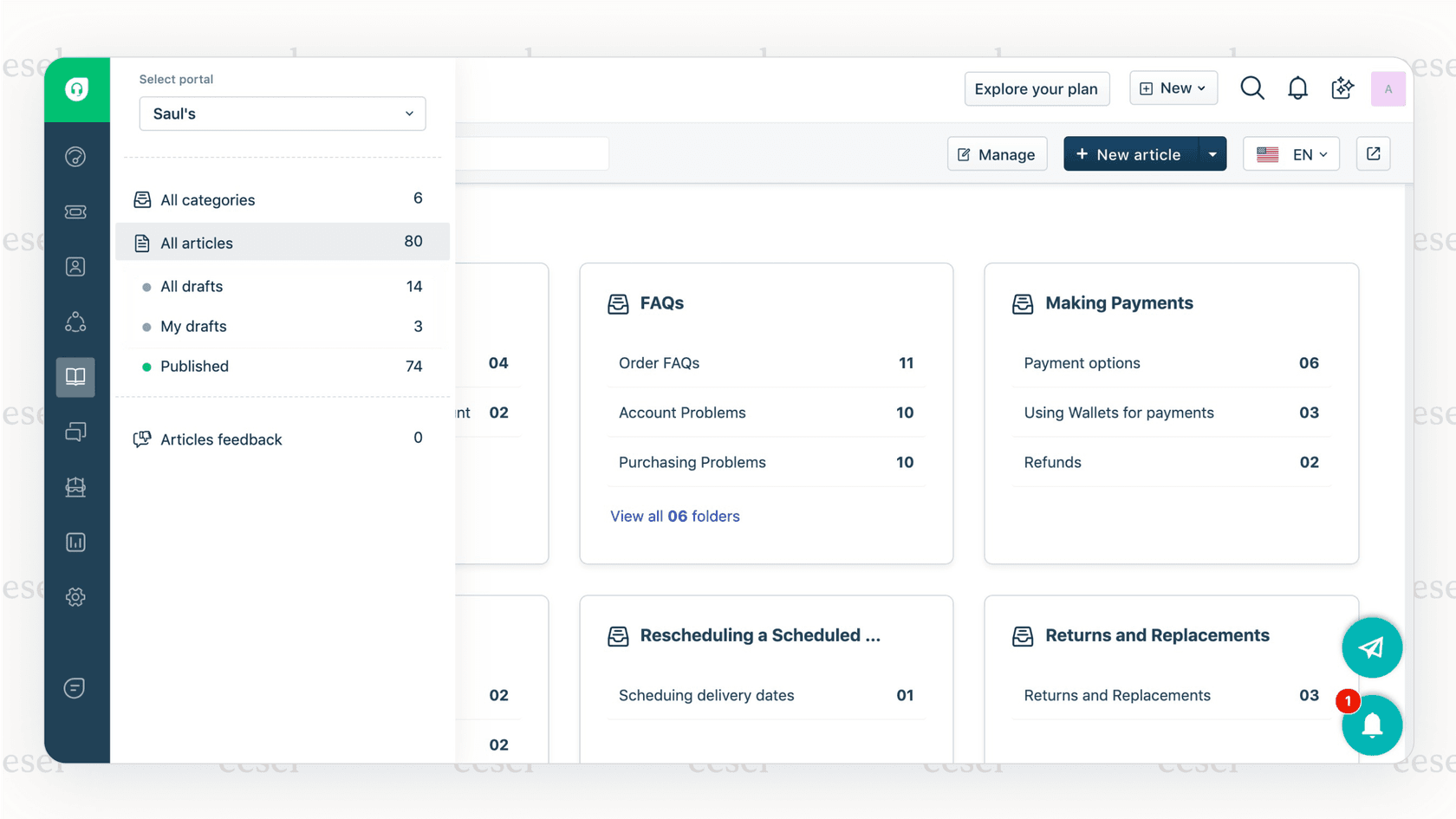 Une capture d'écran montrant comment Freshdesk, une alternative à Guru axée sur le support client, permet aux agents de transformer directement les réponses aux tickets en articles d'aide.
