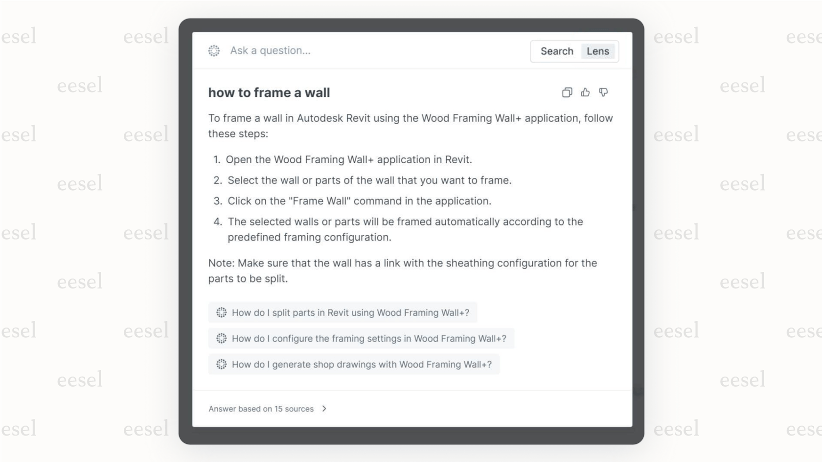Ein Screenshot der GitBook Lens KI-Suchfunktion, die eine Antwort auf die Frage eines Benutzers liefert, wie in dieser GitBook-Bewertung analysiert.