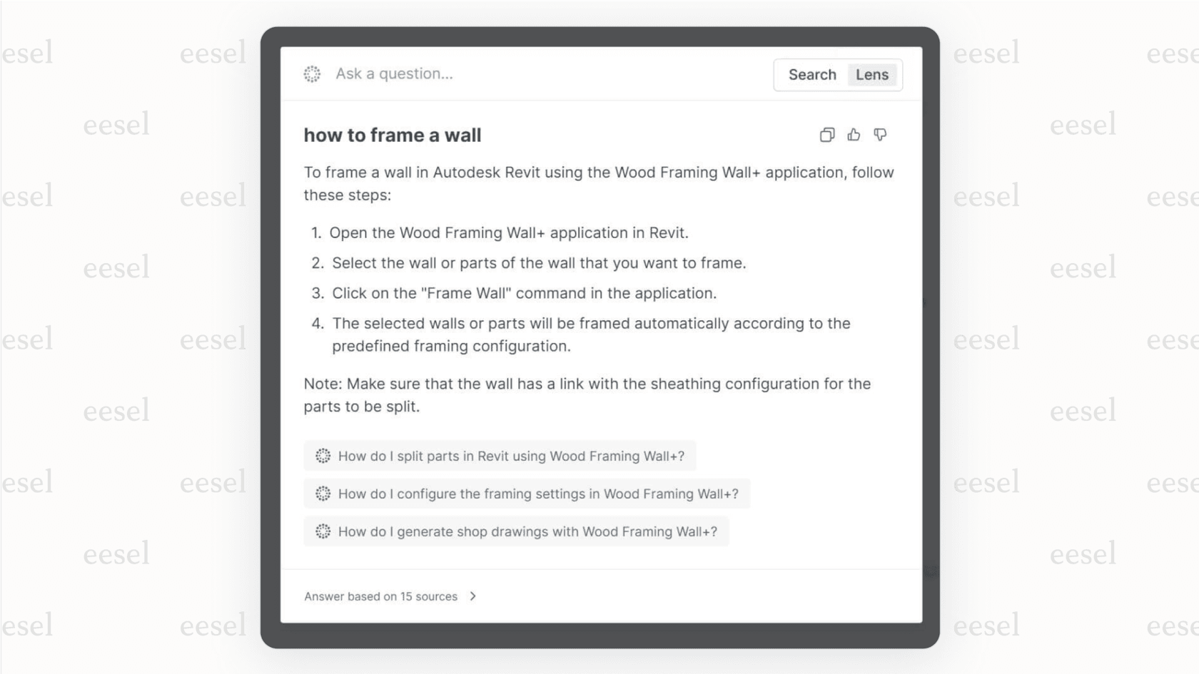 GitBookレビューで分析された、ユーザーの質問に答えるGitBook Lens AI検索機能のスクリーンショット。