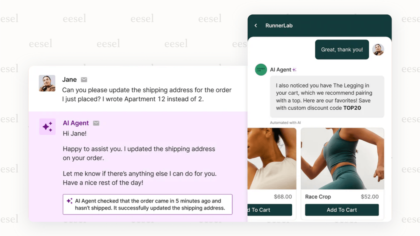 Screenshot of the Gorgias helpdesk showing an AI chat for e-commerce conversation