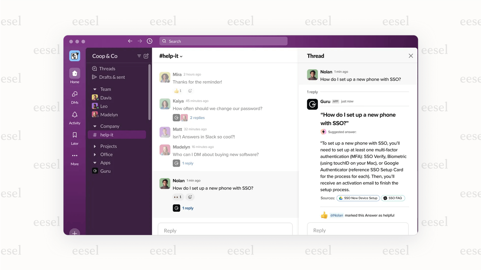 A screenshot showing the guru AI search integration in Slack as part of a detailed guru review.