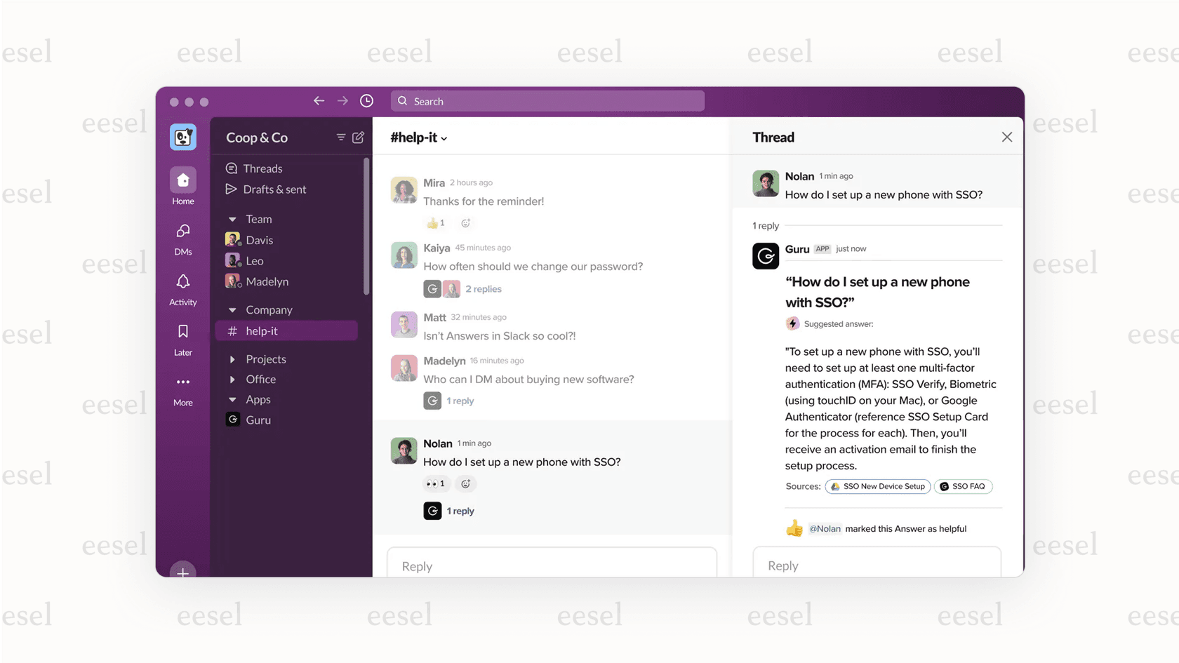 A screenshot showing the guru AI search integration in Slack as part of a detailed guru review.