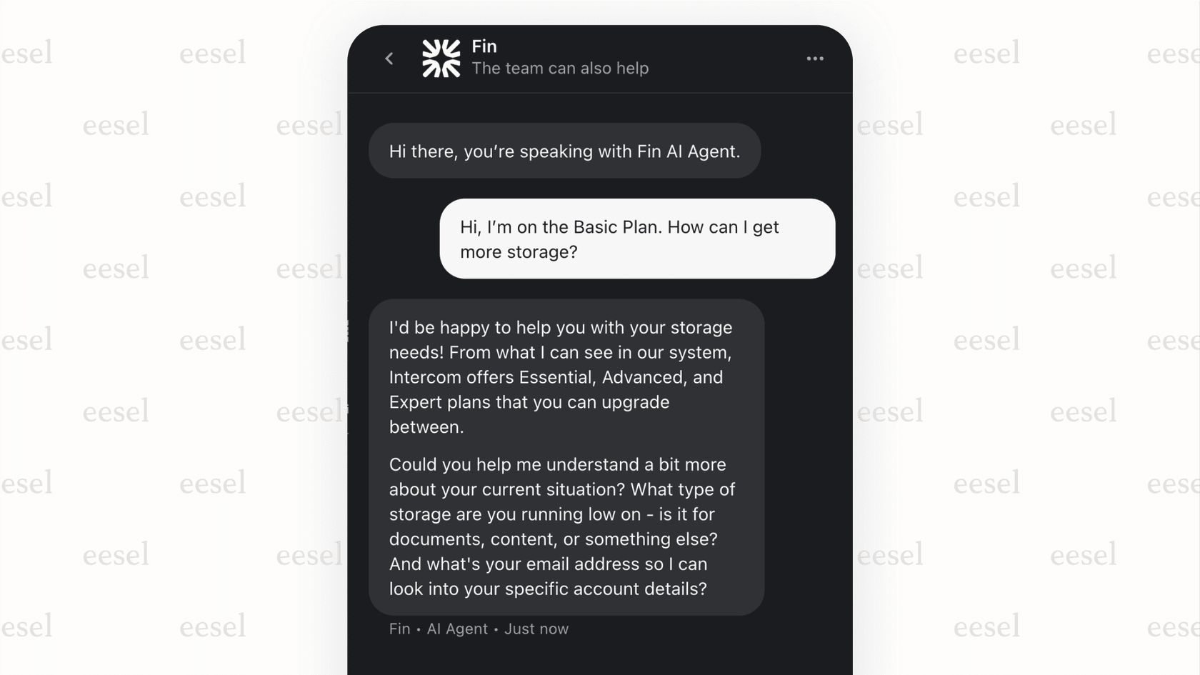 A screenshot of the Intercom messenger window where Fin, one of the best AI agents, is autonomously answering a customer's question about a subscription plan and providing a direct link to upgrade.