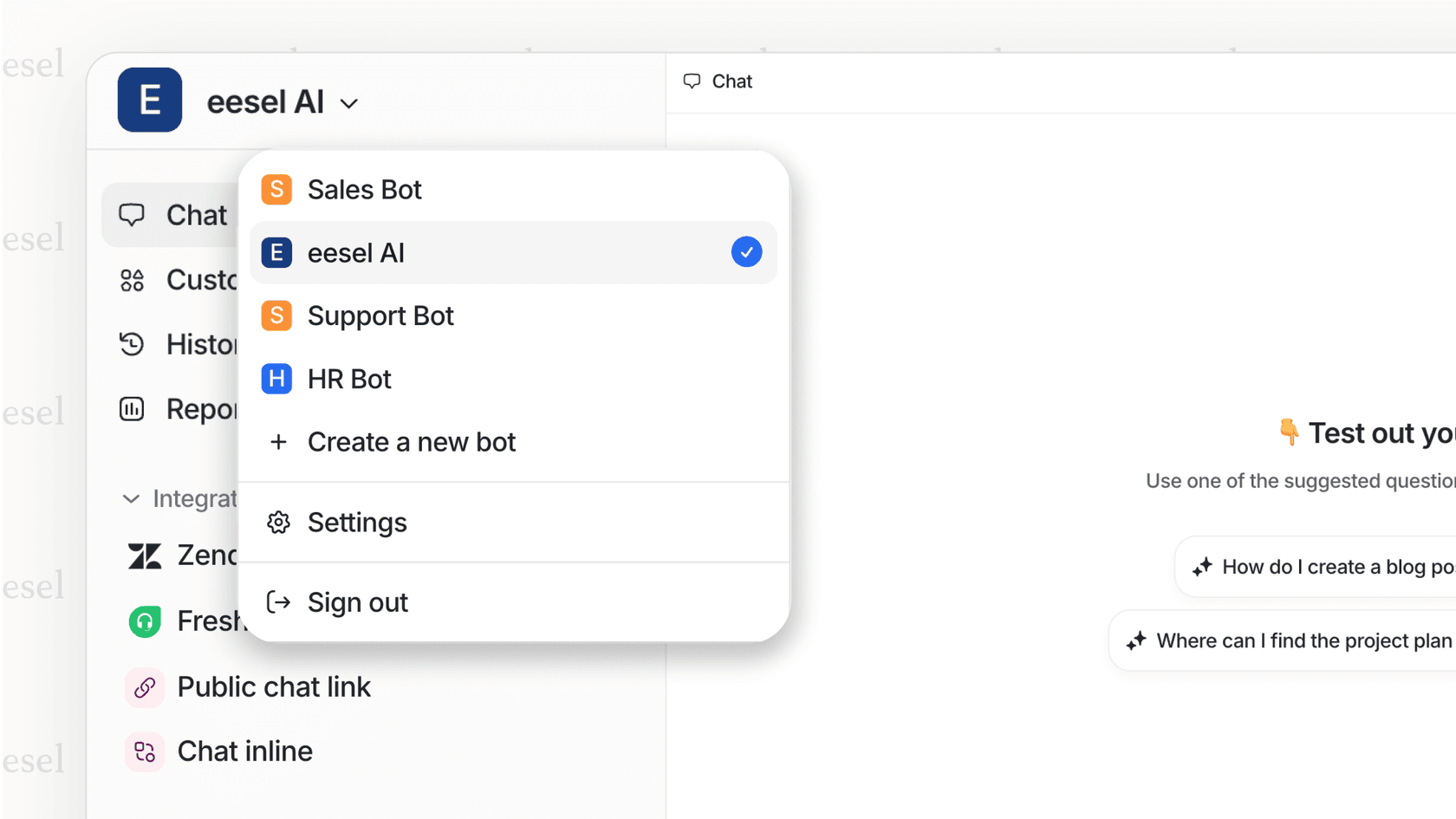 A screenshot from eesel AI showing how granular access controls for AI for enterprise are managed by creating separate bots for different teams like IT, HR, and Support.