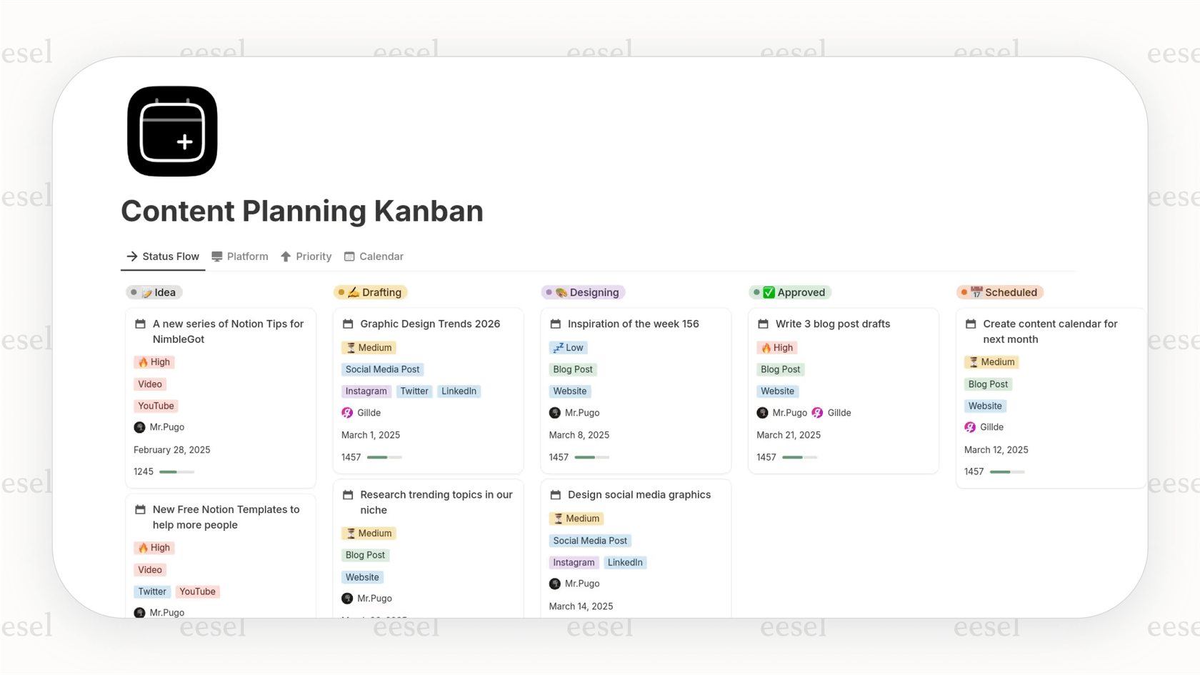 A screenshot for this Notion review showing a Kanban board used for task management, highlighting different database views.