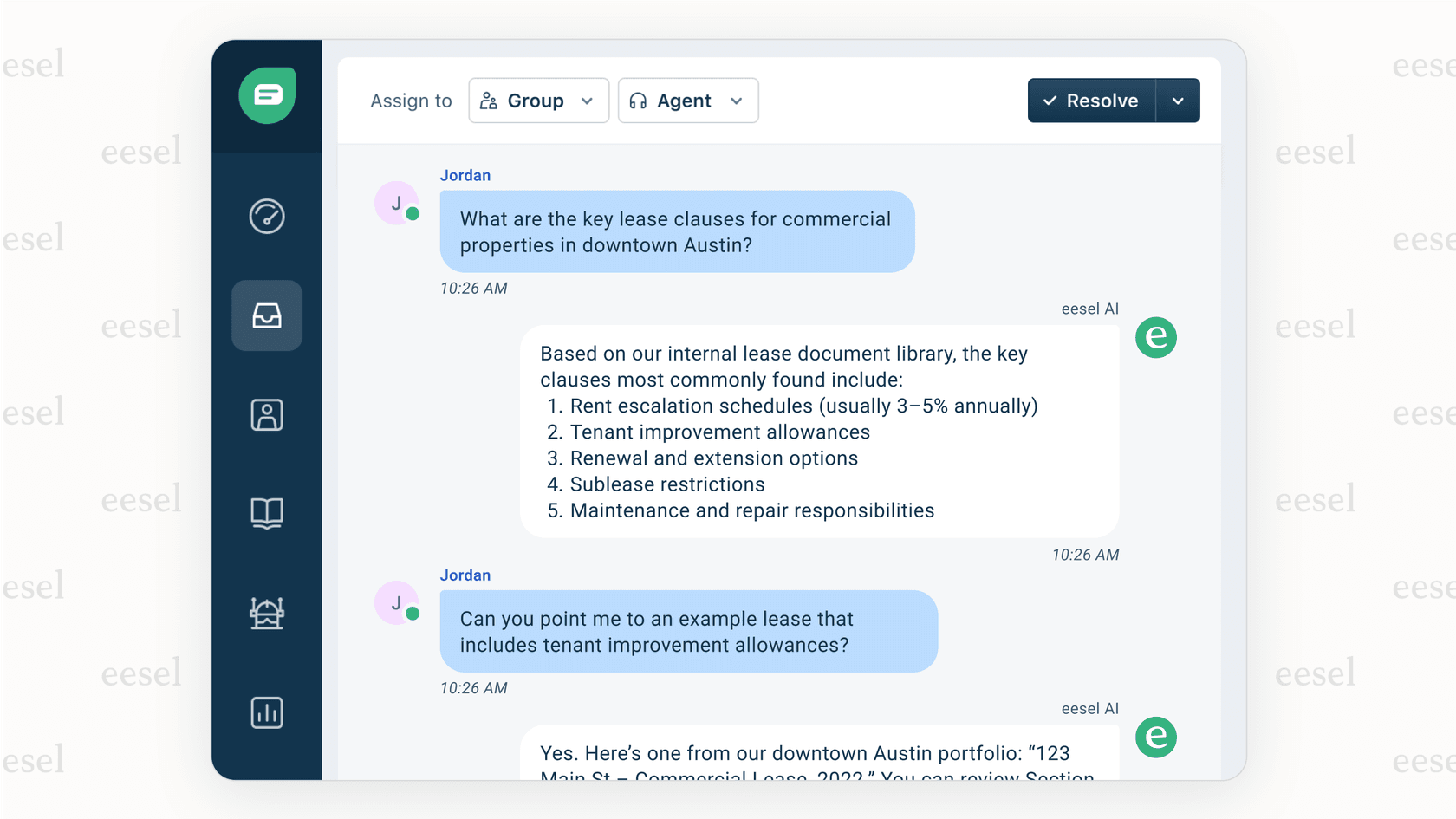 An interface of an AI internal chat tool where an analyst asks, "What are the key lease clauses for commercial properties in downtown Austin?" demonstrating how AI for real estate helps make sense of internal knowledge.
