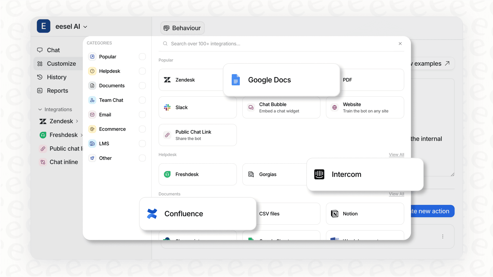 Screenshot of the eesel AI platform demonstrating the unified knowledge pillar of what is omnichannel customer service by connecting Zendesk, Slack, and other sources.