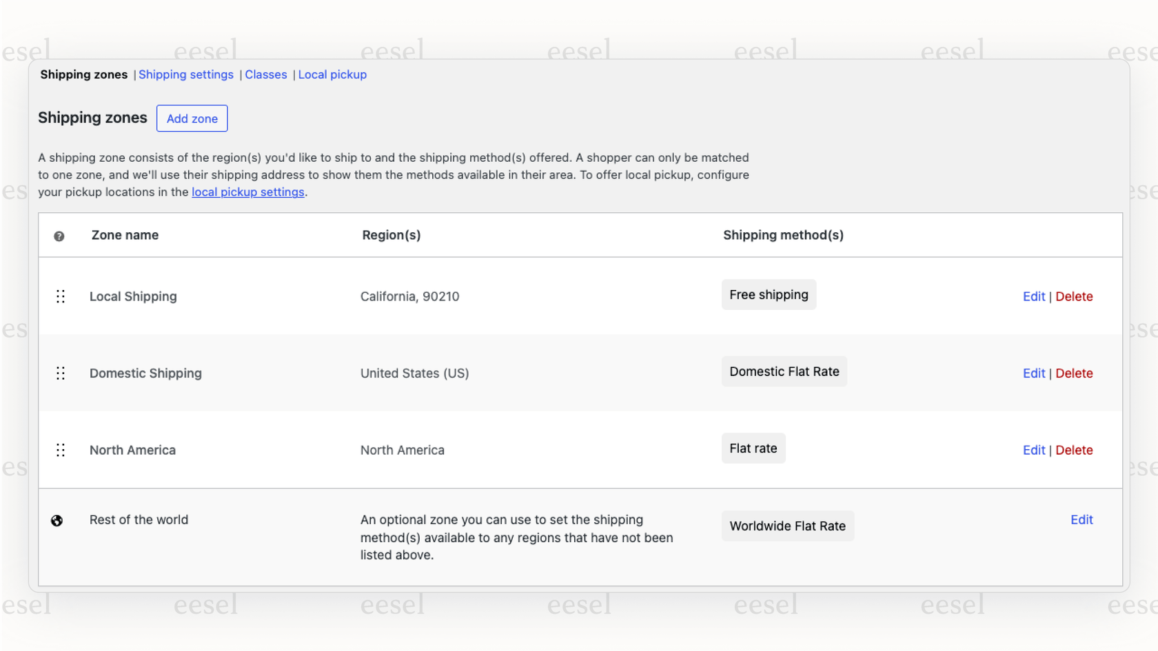 Screenshot der WooCommerce-Versandzoneneinstellungen, die die integrierten Funktionen veranschaulichen, die die Gesamtkosten der WooCommerce-Preisgestaltung beeinflussen.