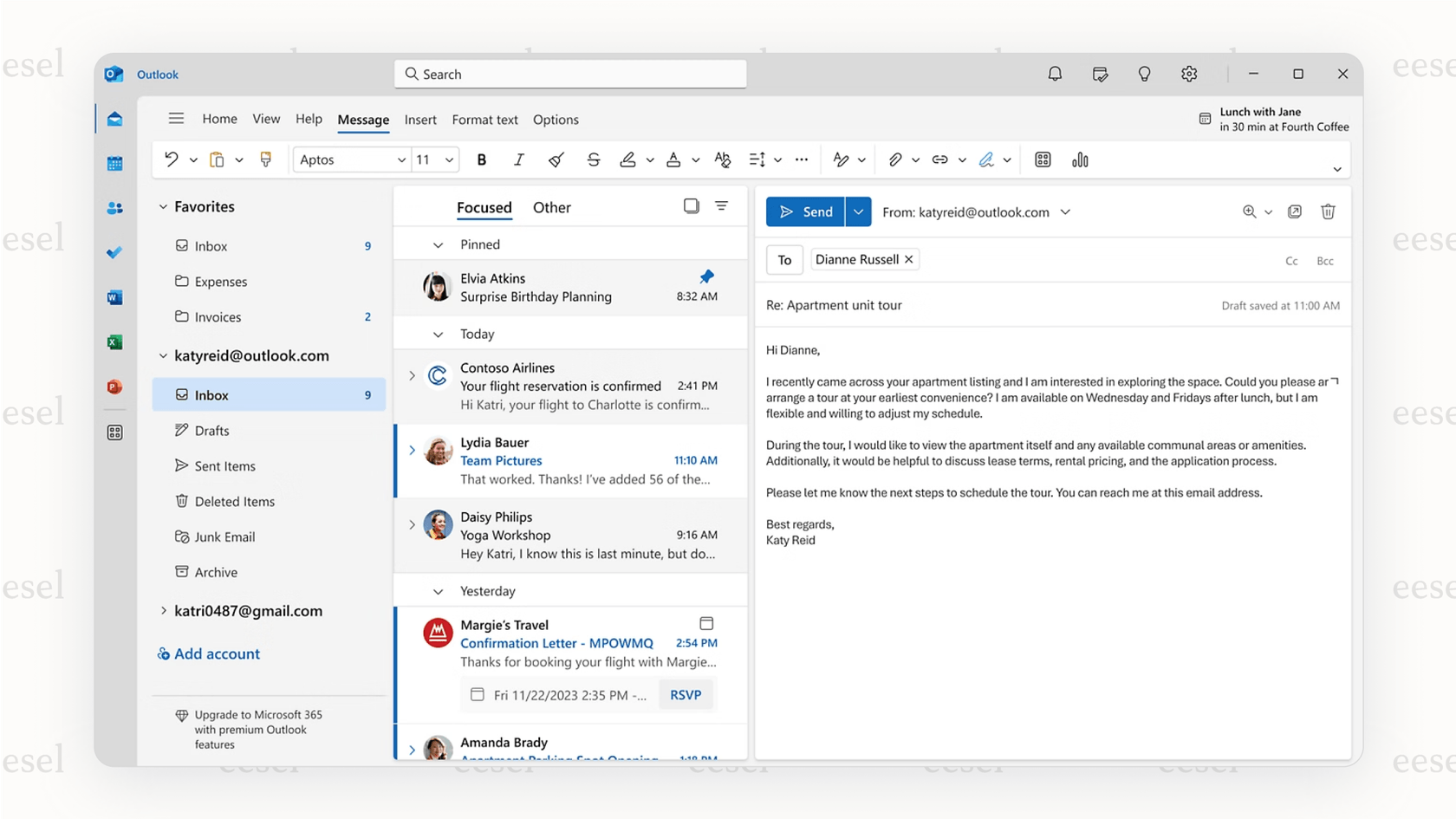 A screenshot of the Microsoft Outlook interface showing the "Focused Inbox" feature that separates important messages from other mail, a popular feature in gmail alternatives.