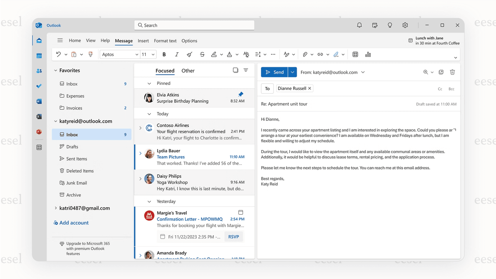 A screenshot of the Microsoft Outlook interface showing the "Focused Inbox" feature that separates important messages from other mail, a popular feature in gmail alternatives.