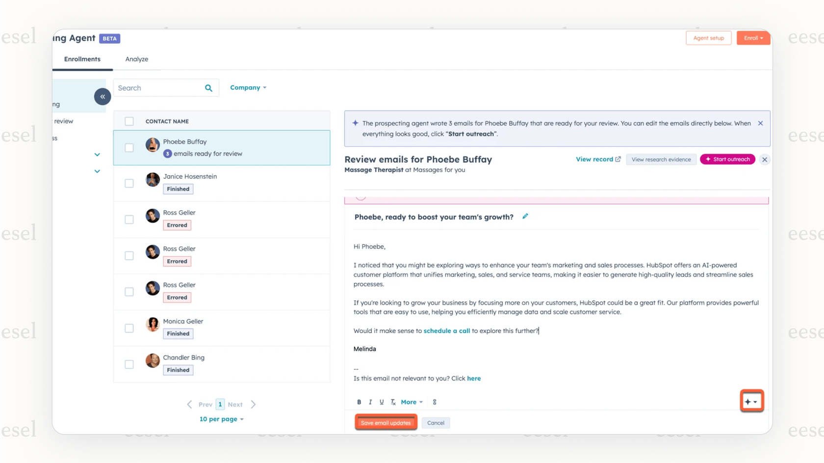 Une capture d'écran de l'interface de l'agent de prospection HubSpot AI montrant un profil d'entreprise cible avec des contacts clés identifiés par l'IA et des suggestions d'e-mails de prise de contact.