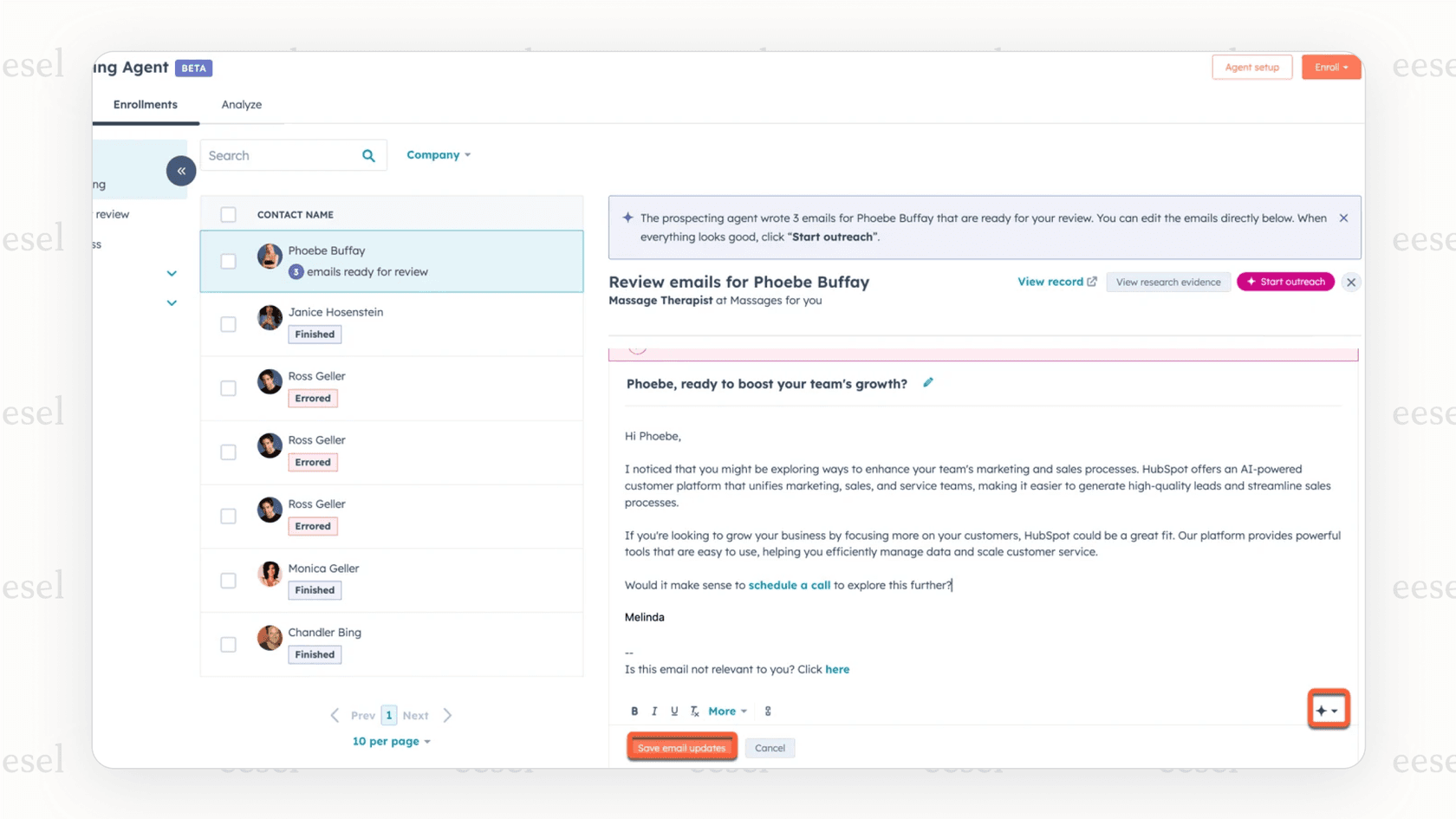 A screenshot of the HubSpot AI agent Prospecting Agent interface showing a target company profile with AI-identified key contacts and suggested outreach emails.