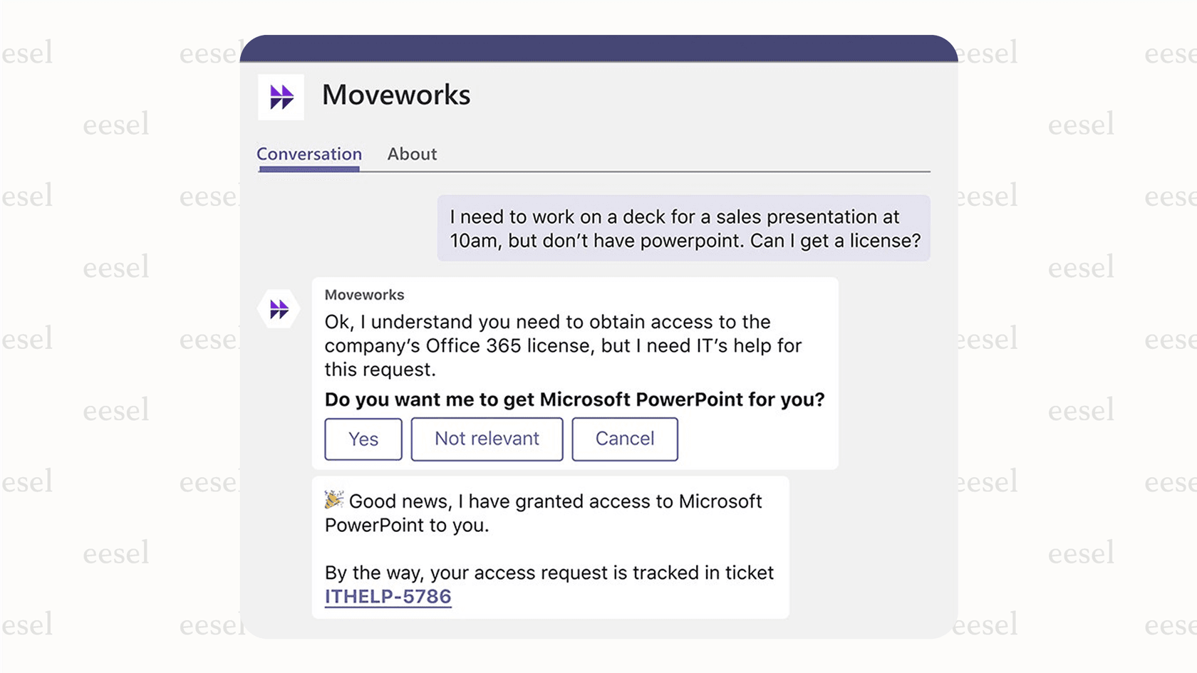 Una captura de pantalla del chatbot de Moveworks en Microsoft Teams, un ejemplo de IA conversacional para la gestión de servicios de TI gestionando una solicitud de acceso a software.