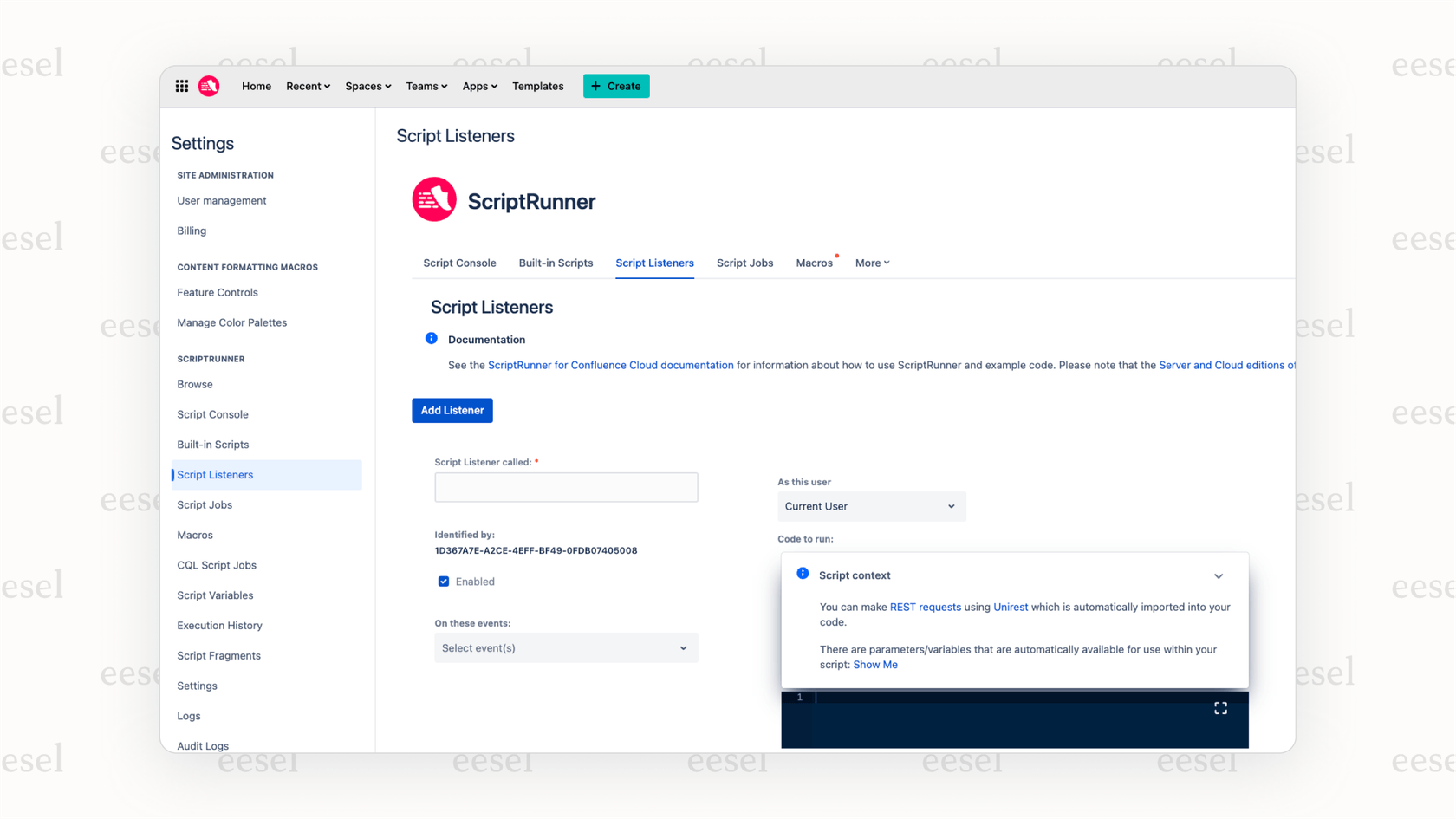 A screenshot showing the administration console for ScriptRunner, one of the top Confluence apps, displaying a pre-built Groovy script for automating a content management task.