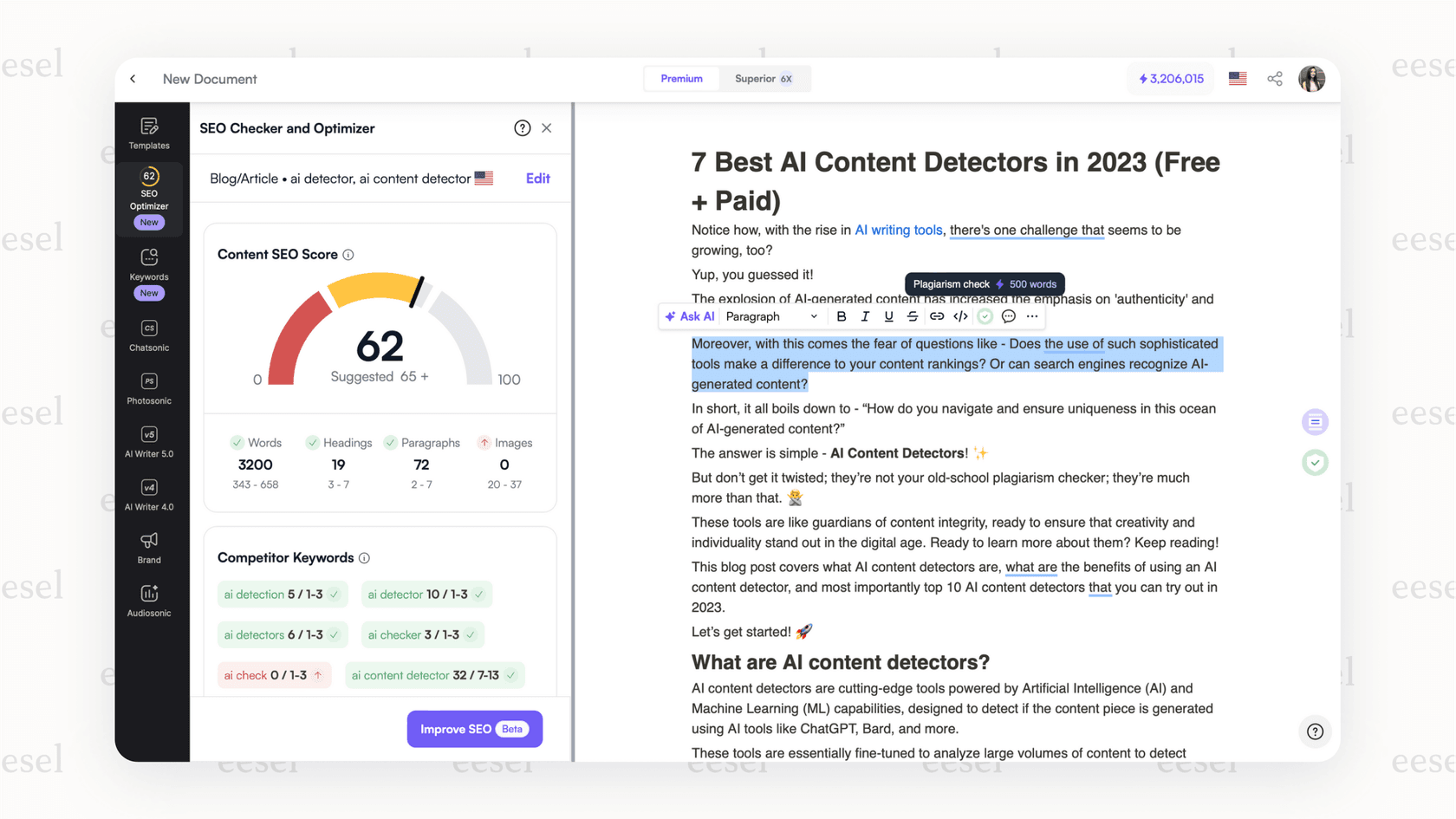 A view of the Writesonic content editor with its SEO scoring feature, a key tool for anyone looking for the best AI for writing optimized articles.
