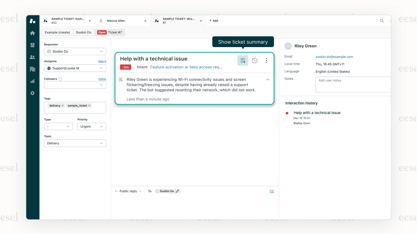 A screenshot of the Zendesk Agent Workspace where one of the best AI chatbots is suggesting replies and summarizing a customer ticket for a human support agent, showing its deep integration.