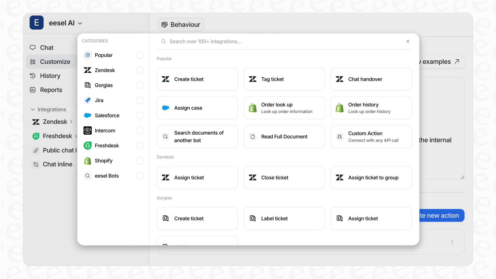 A screenshot from eesel AI showing a gallery of customizable AI Actions that serve as specialized subagent tools for automation.