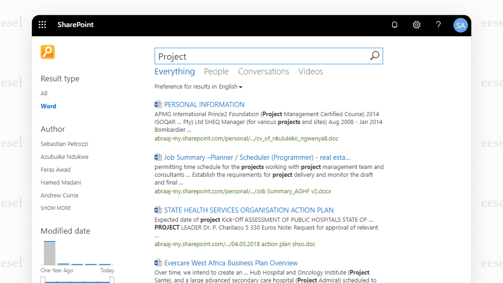 A screenshot for a sharepoint review displaying the intelligent search results page with different content types.