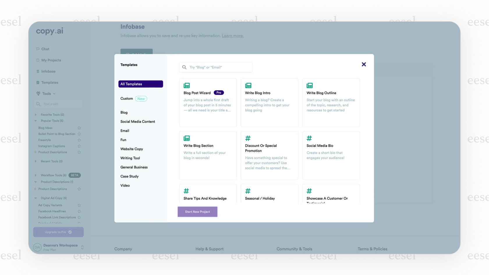 The dashboard of the Copy.ai AI tool in writing, displaying a grid of templates for different tasks like