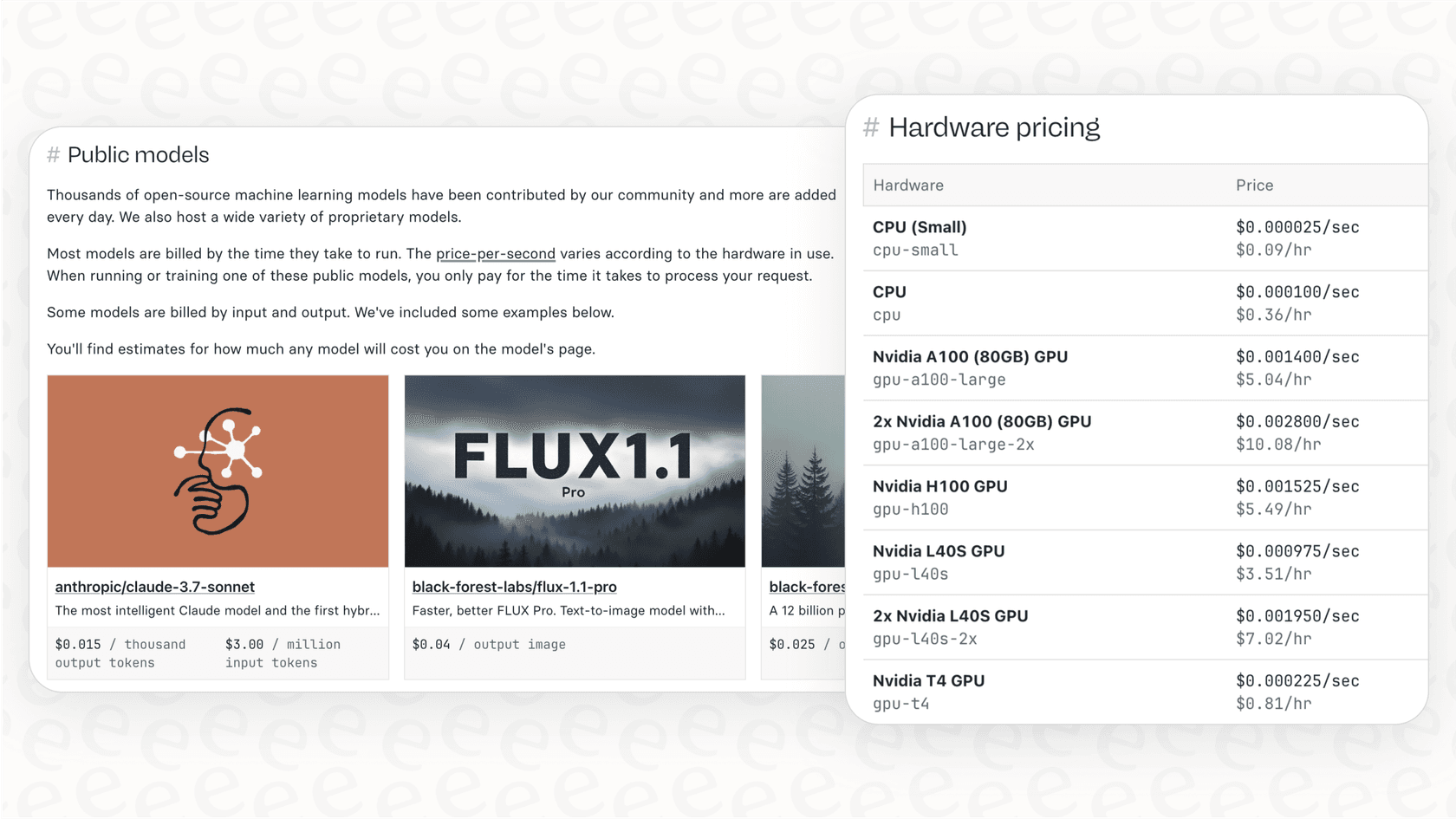 A screenshot of the Replicate AI pricing page, highlighting how costs are calculated based on the GPU compute time per second.