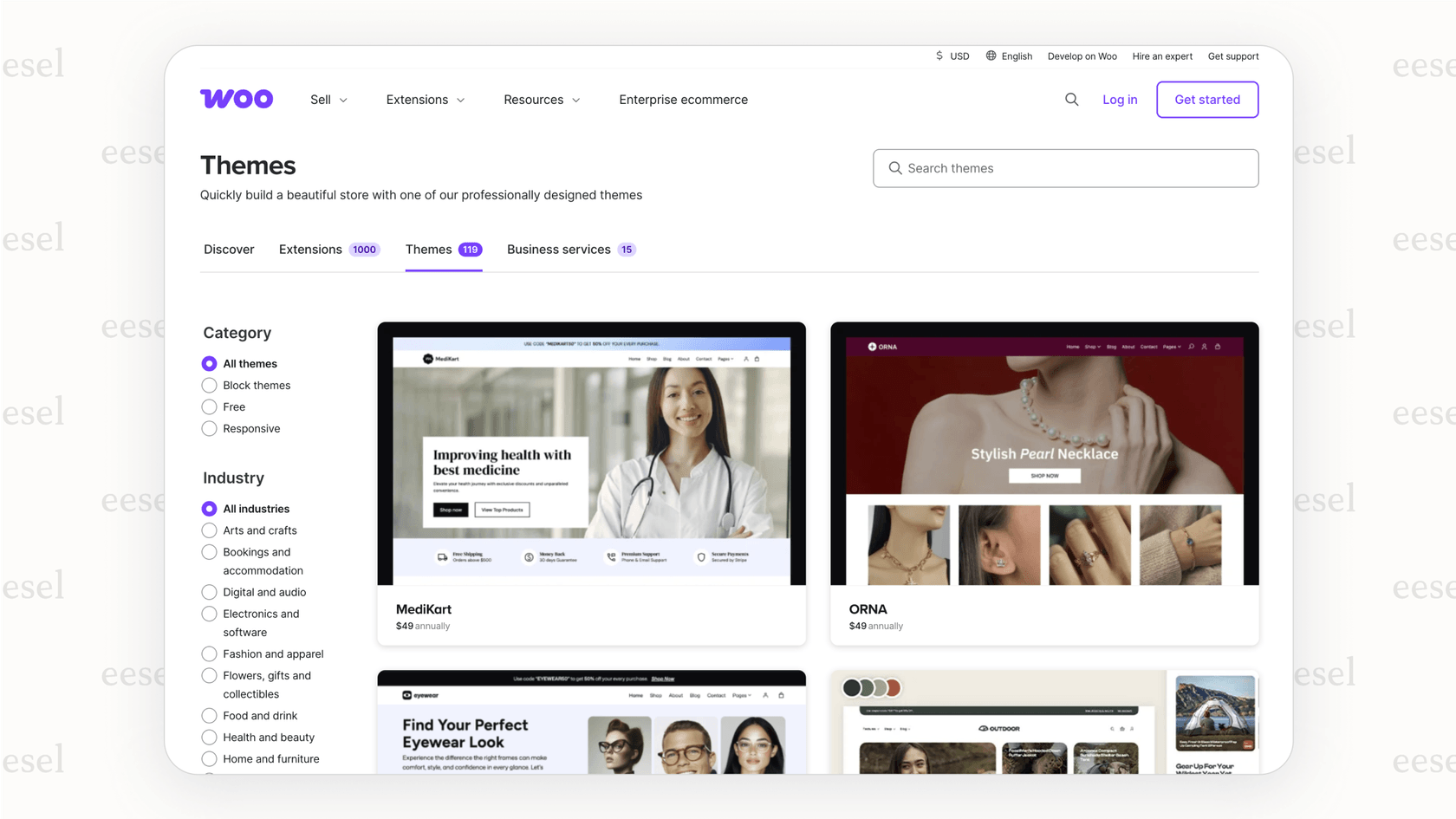A screenshot showing the vast selection of themes available for WooCommerce within the WordPress ecosystem, a point of flexibility in the Magento vs. WooCommerce debate.