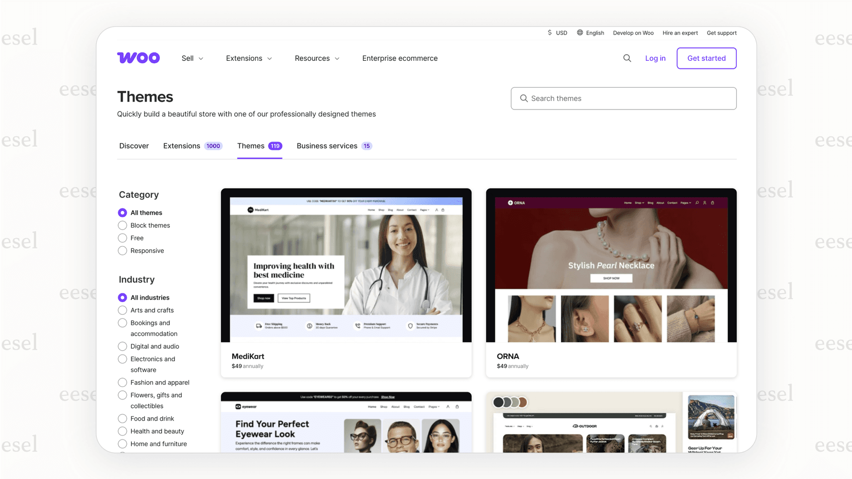 A screenshot showing the vast selection of themes available for WooCommerce within the WordPress ecosystem, a point of flexibility in the Magento vs. WooCommerce debate.