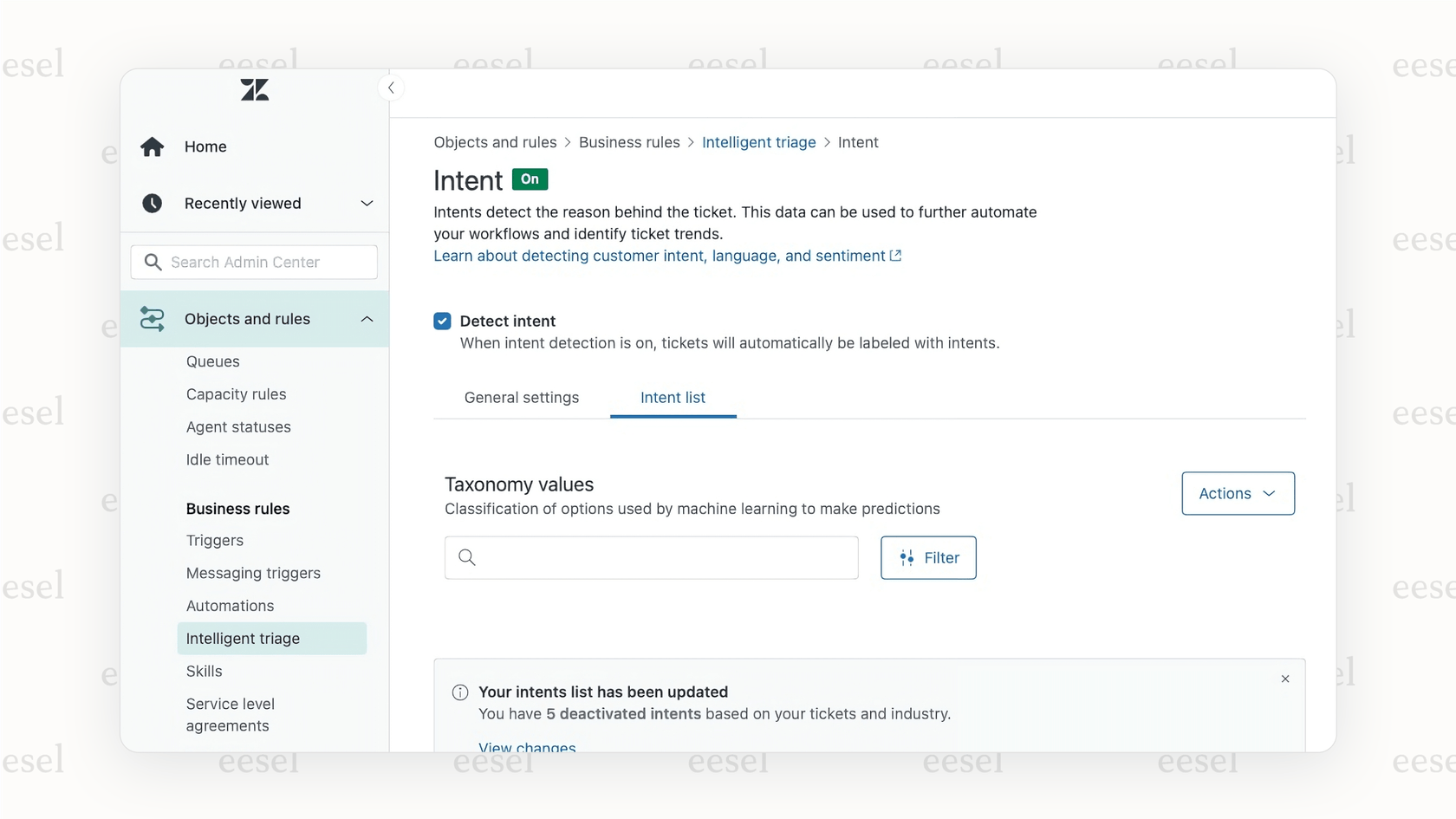 A screenshot of the Zendesk interface showing settings on AI for ticketing systems.
