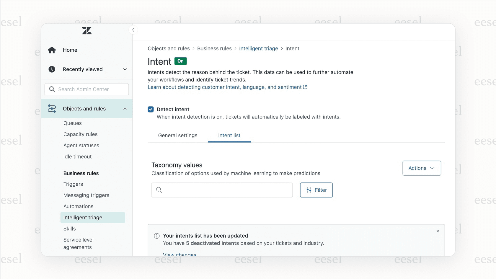 チケット管理用AIの設定を表示するZendeskインターフェースのスクリーンショット。