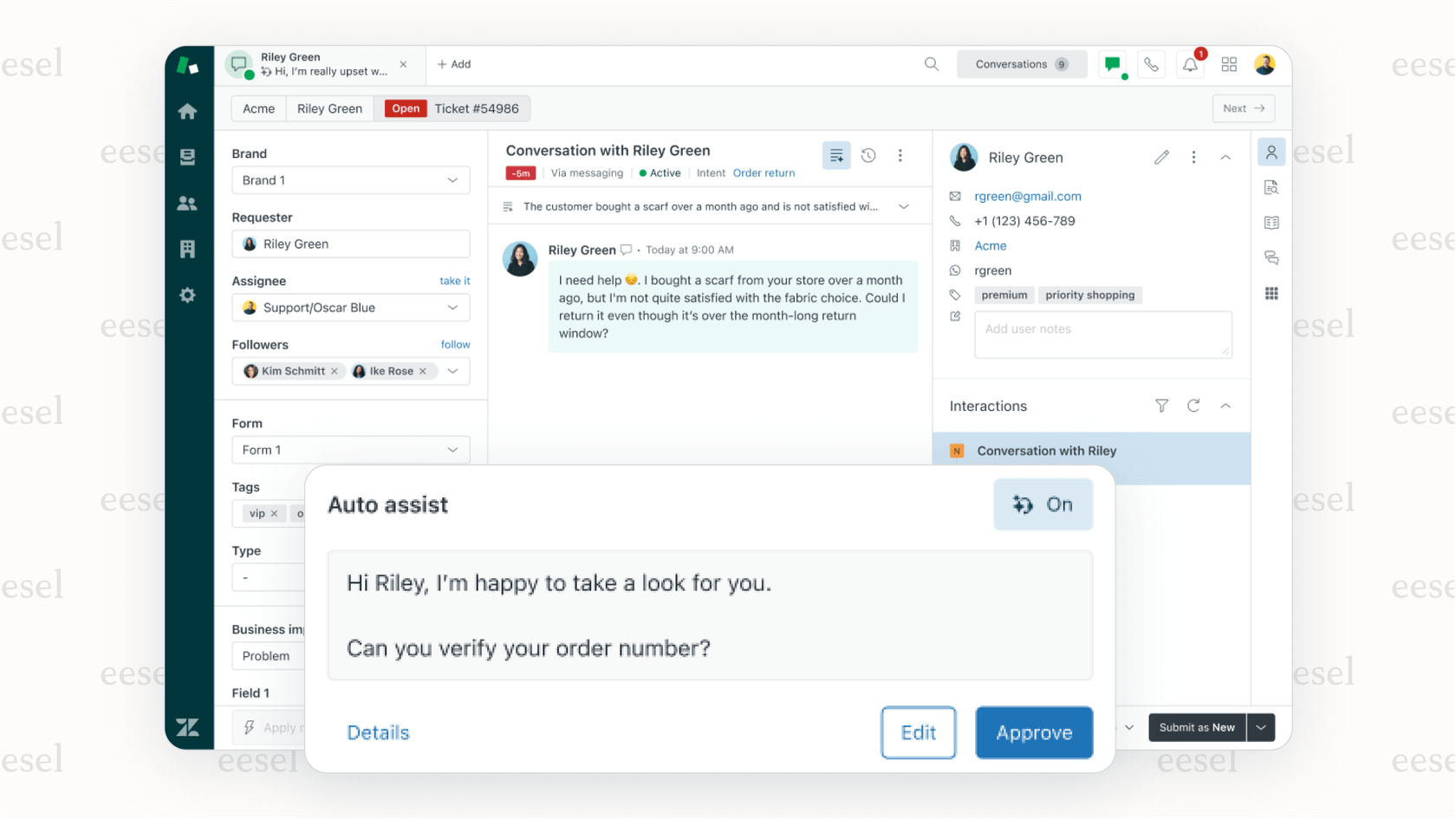 Uma captura de tela da interface do Zendesk, que é uma das melhores opções de AI service desk, mostrando sugestões baseadas em IA para roteamento de tickets e respostas de agentes.
