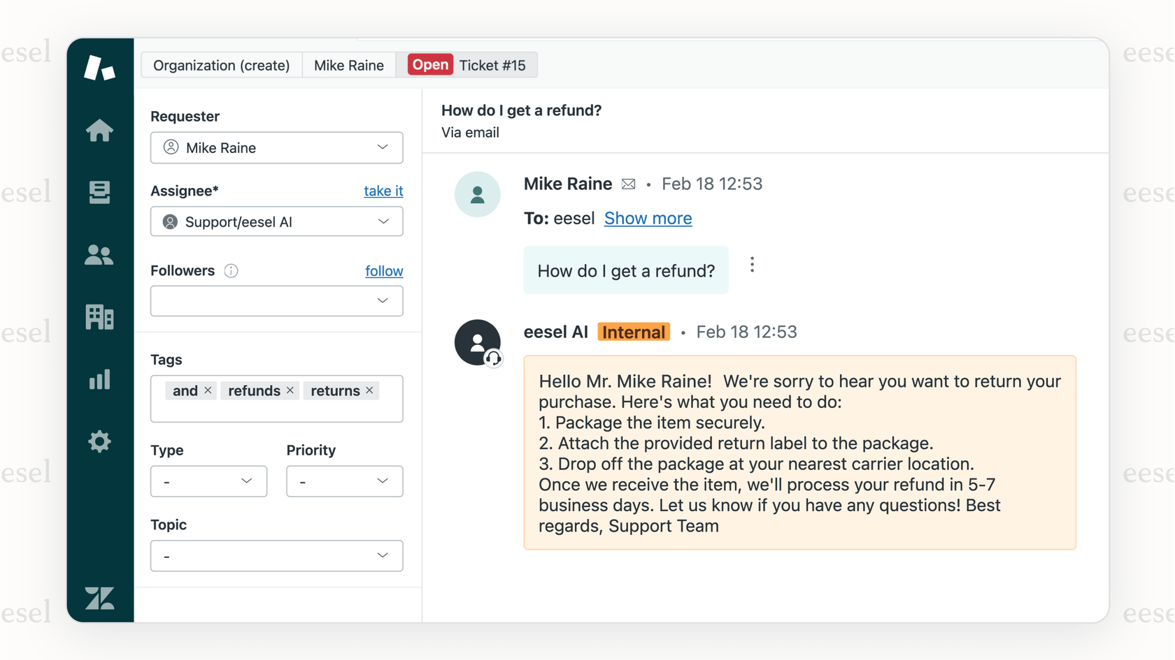Un assistant numérique automatisant une réponse du service client dans Zendesk.