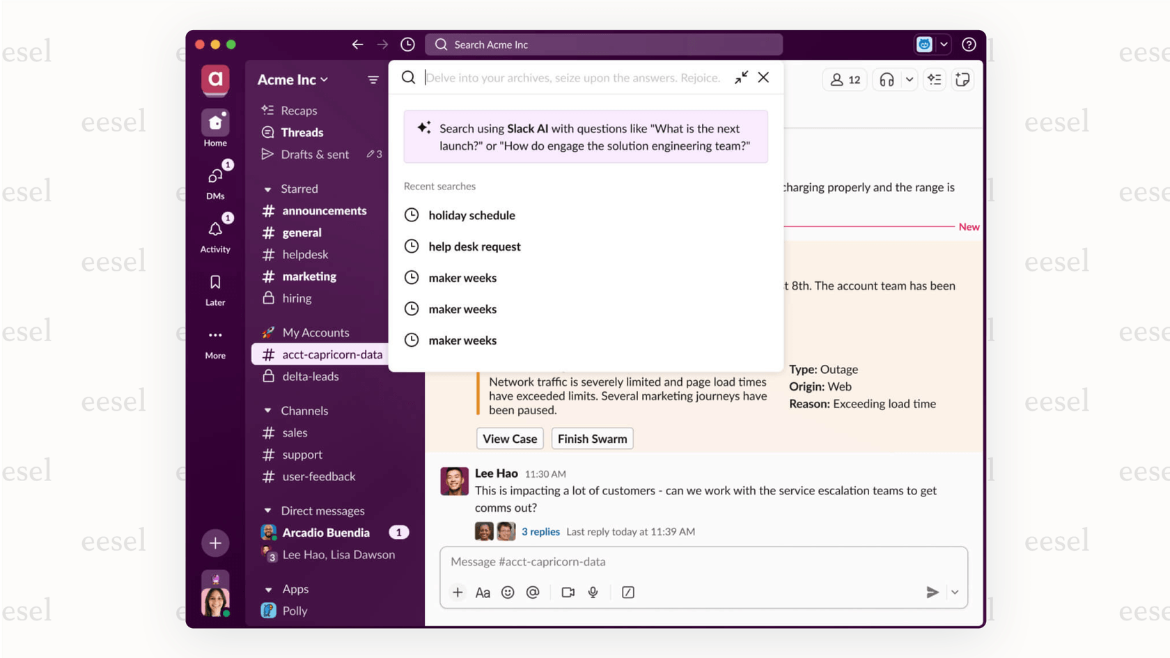 A screenshot of the search results page in Slack, an important feature to cover in a comprehensive Slack review, showing how it finds keywords in messages and files.