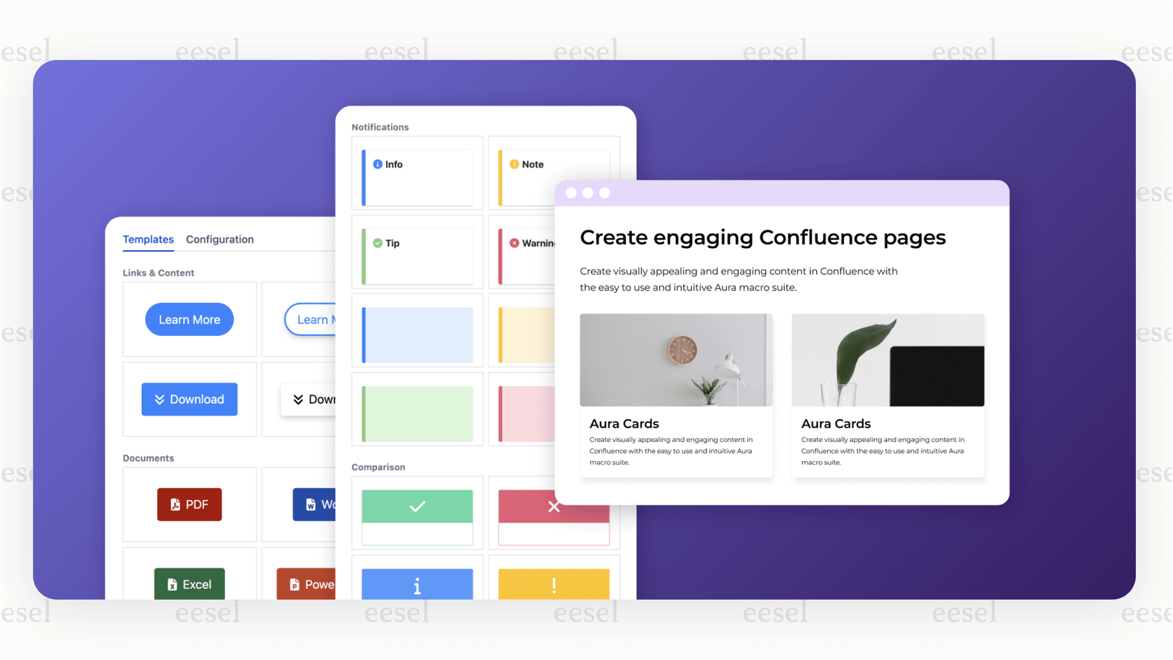A split-screen image demonstrating how AURA, one of the top Confluence apps, transforms a standard Confluence page into a visually appealing one with tabs and organized content cards.