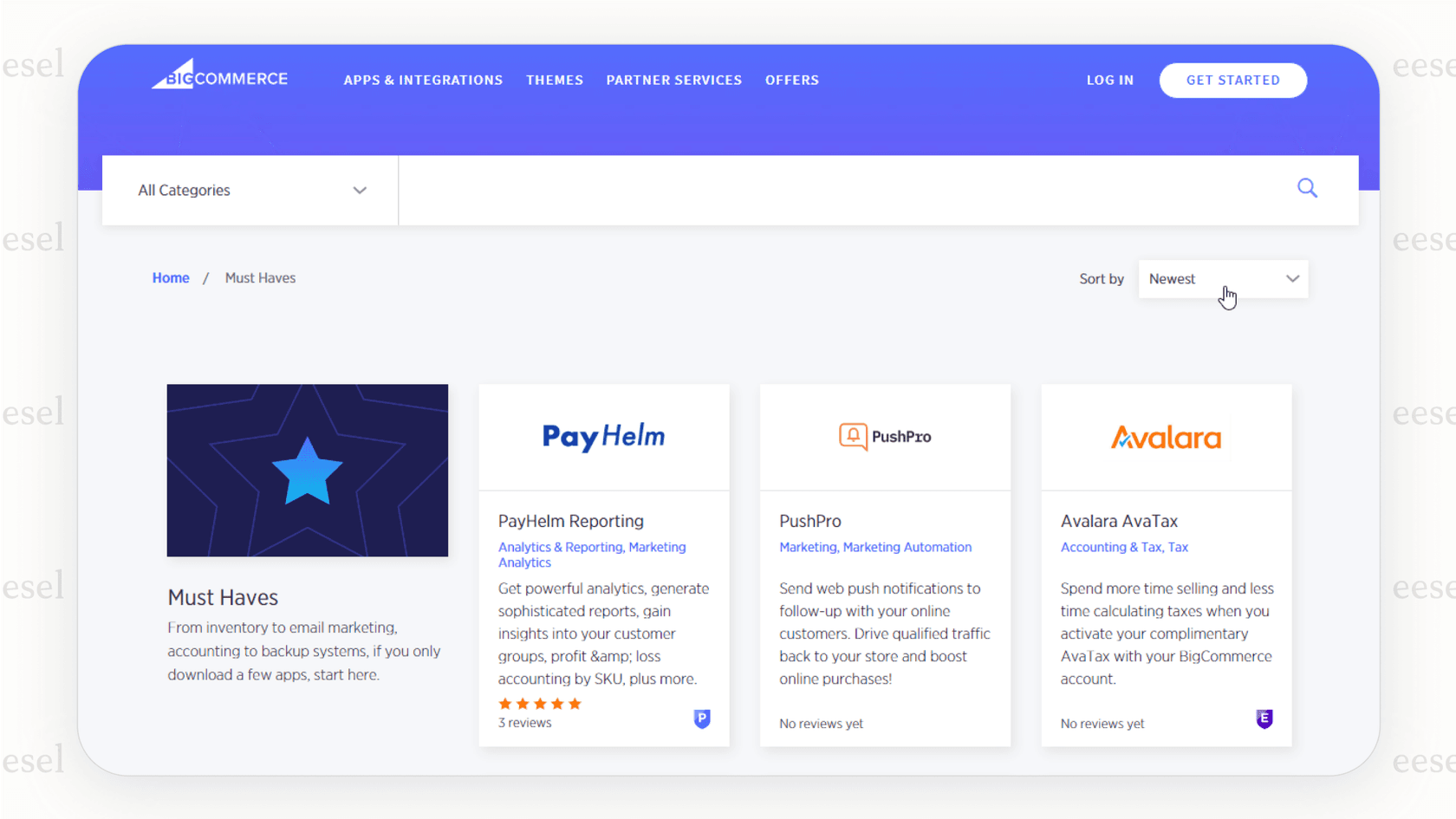 Screenshot of the curated BigCommerce App Marketplace, a key point in the BigCommerce vs. Magento comparison.