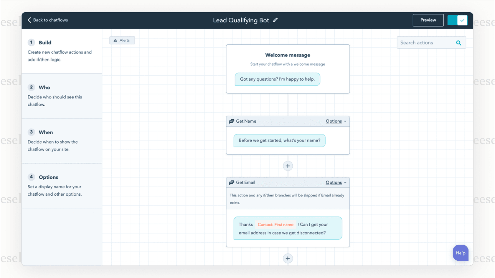 A screenshot of the HubSpot chatbot builder's visual interface, which allows users to create conversational flows using drag-and-drop blocks, qualifying it as one of the best AI chatbots for marketing teams.