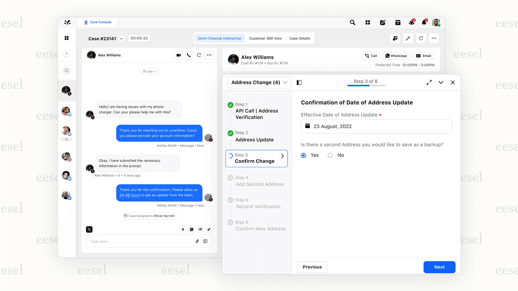 A screenshot showing an agent assist tool providing a real-time prompt to an agent to use a more empathetic tone and displaying a security verification checklist.