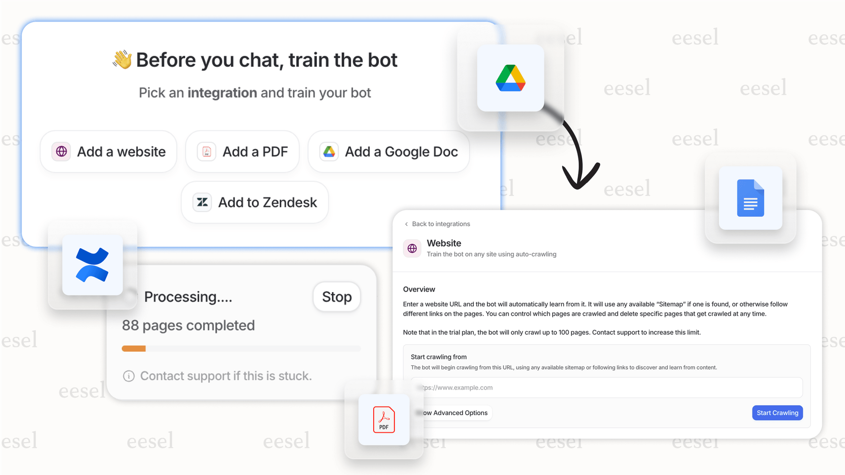 A screenshot of the eesel AI platform showing how it connects to private business data sources like Confluence and Zendesk, a critical differentiator in the Gemini vs ChatGPT debate for customer support.