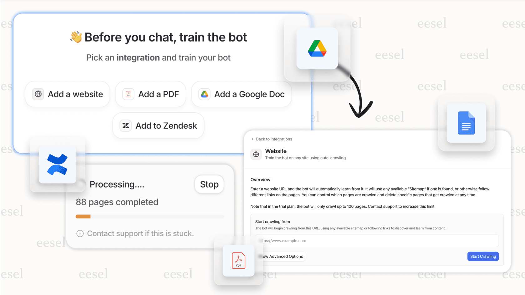 A screenshot of the eesel AI platform showing how it connects to private business data sources like Confluence and Zendesk, a critical differentiator in the Gemini vs ChatGPT debate for customer support.