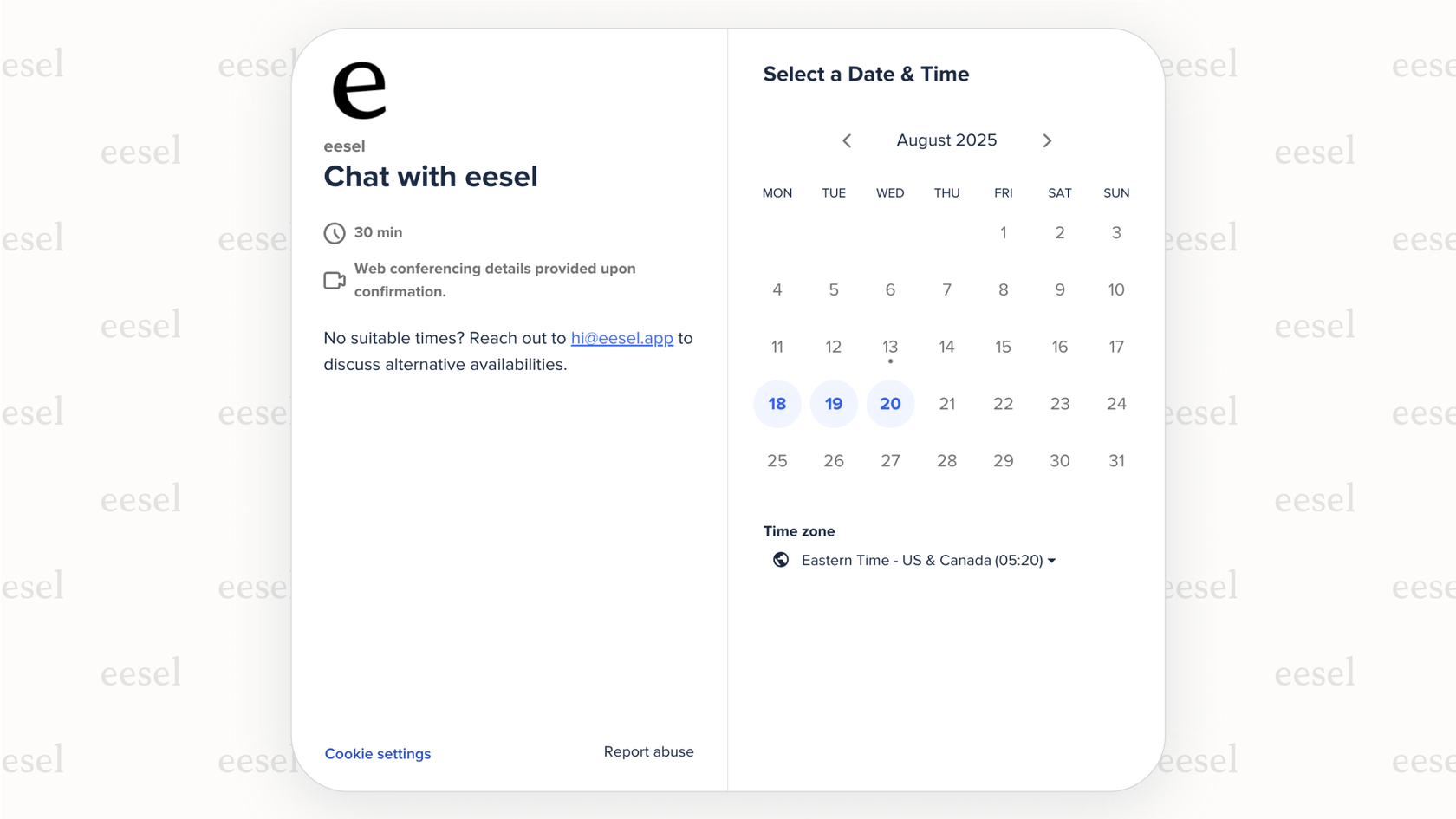 eesel AI's public booking page from the Calendly AI scheduling assistant.
