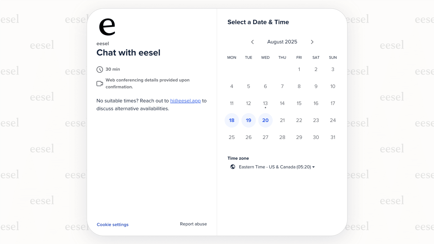 Page de réservation publique d'eesel AI à partir de l'assistant de planification AI de Calendly.
