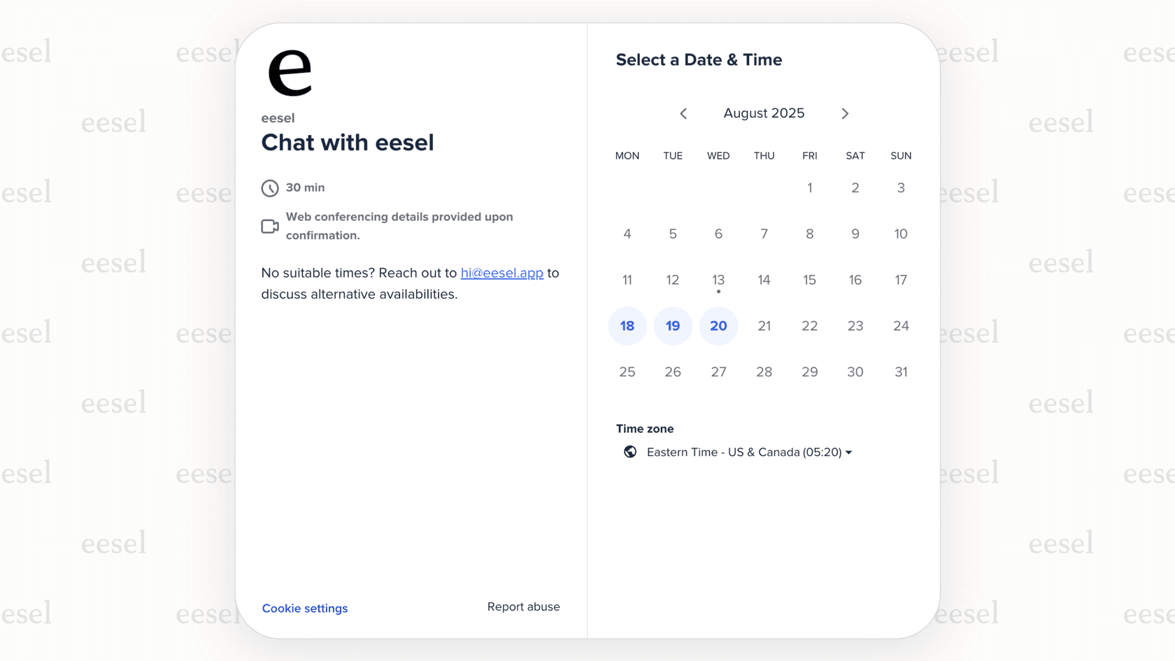 A screenshot of a public Calendly booking page, an example of a simple AI scheduling assistant. The page shows a user's name, a welcome message, a list of available meeting types, and a calendar for an external guest to select a date and time.