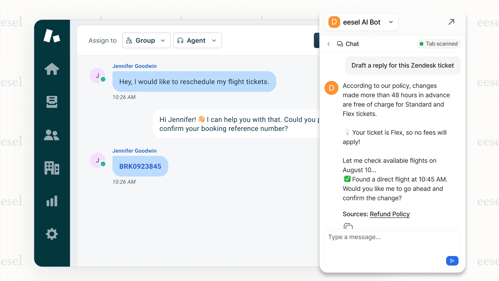 A screenshot inside a Zendesk ticket view, where the eesel AI Copilot has drafted a reply to a customer query, ready for the human agent to review and send.