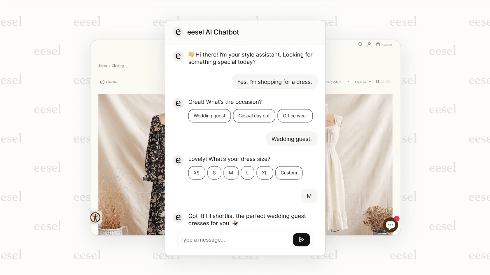Una captura de pantalla del chatbot de IA de eesel en una tienda, mostrando cómo la automatización puede reducir el lado operativo de la estructura de precios de WooCommerce.