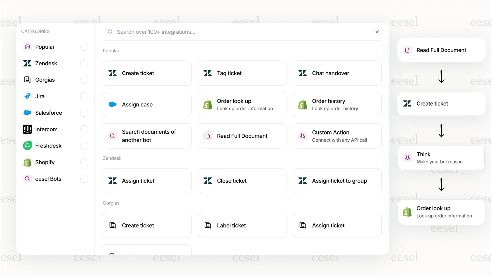 A screenshot showing how AI solutions for business work. A user asks an AI agent for an order status, the agent calls the Shopify API, gets the info, and replies to the user.