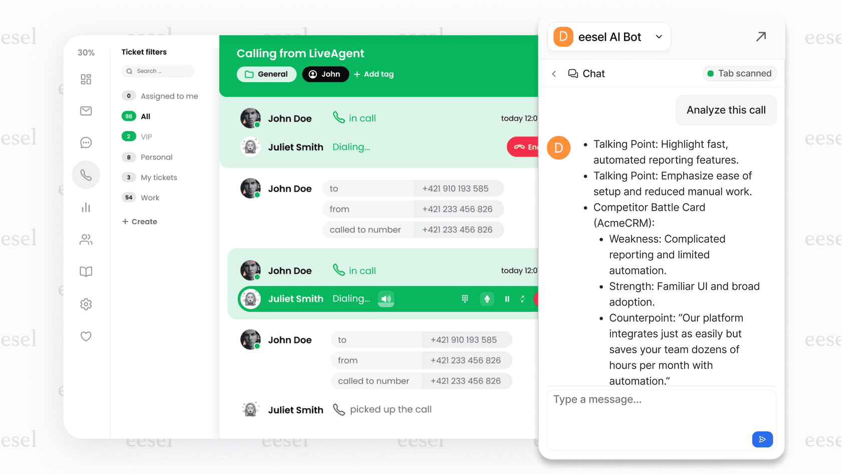 A screenshot showing an AI copilot feature assisting a human agent with relevant information during AI sales calls.