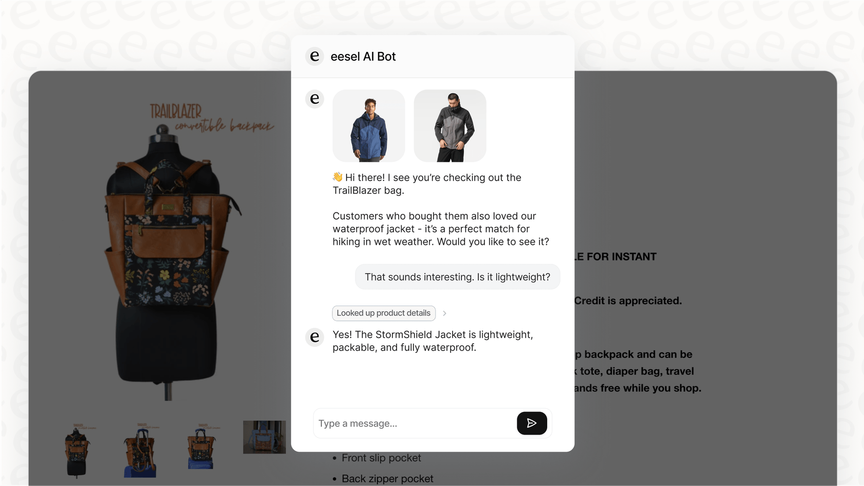 Screenshot of an e-commerce AI chatbot using the RAG full form in AI to answer a customer