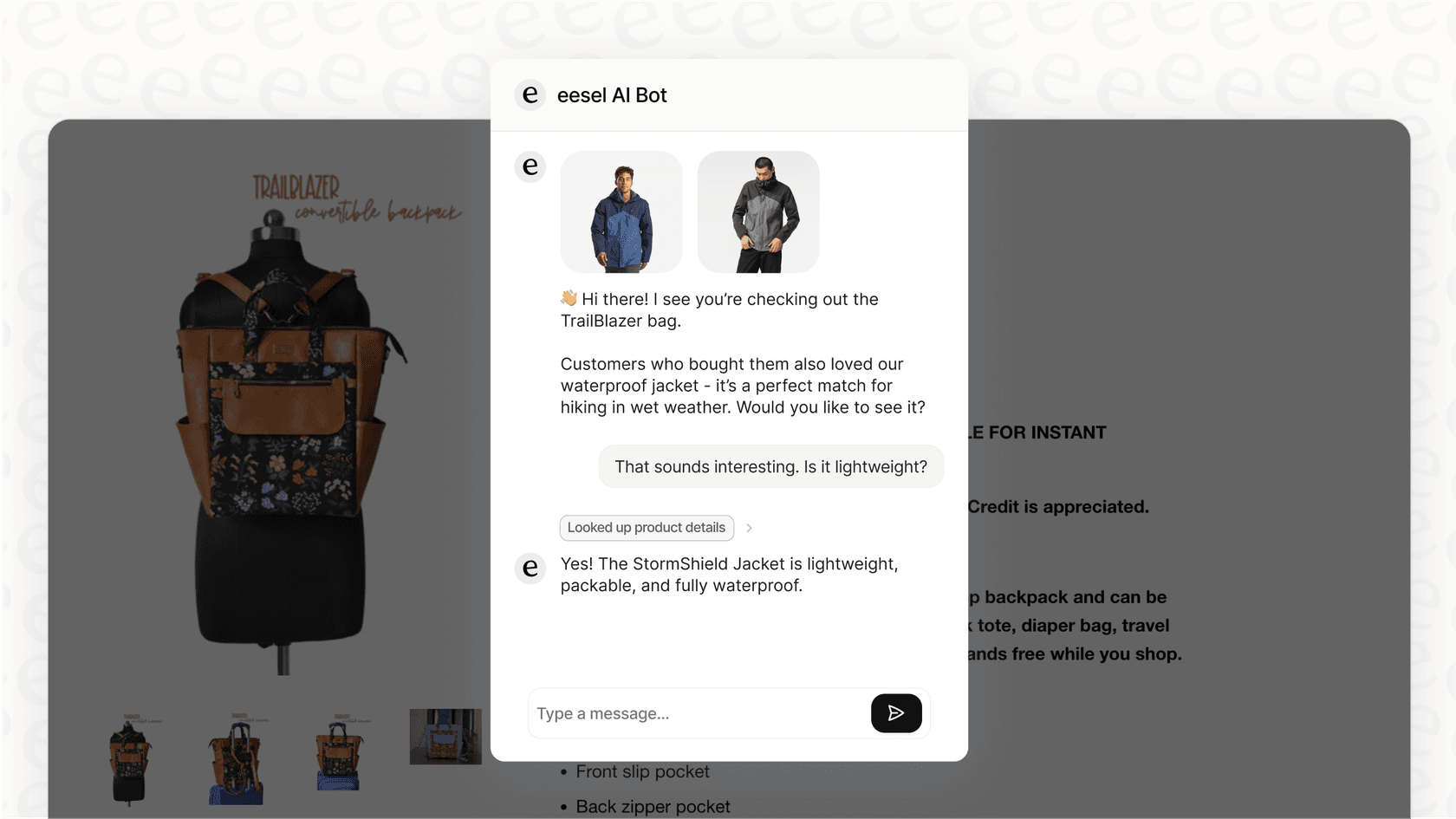Screenshot of an e-commerce AI chatbot using the RAG full form in AI to answer a customer