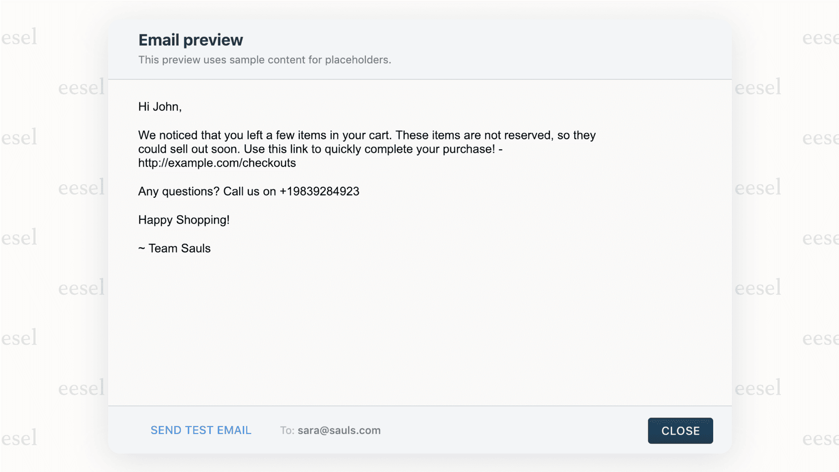 Ein Screenshot einer proaktiven E-Mail-Benachrichtigung über einen abgebrochenen Warenkorb, ein häufiger Anwendungsfall für proaktiven KI-Support zur Verbesserung der Kundenloyalität.