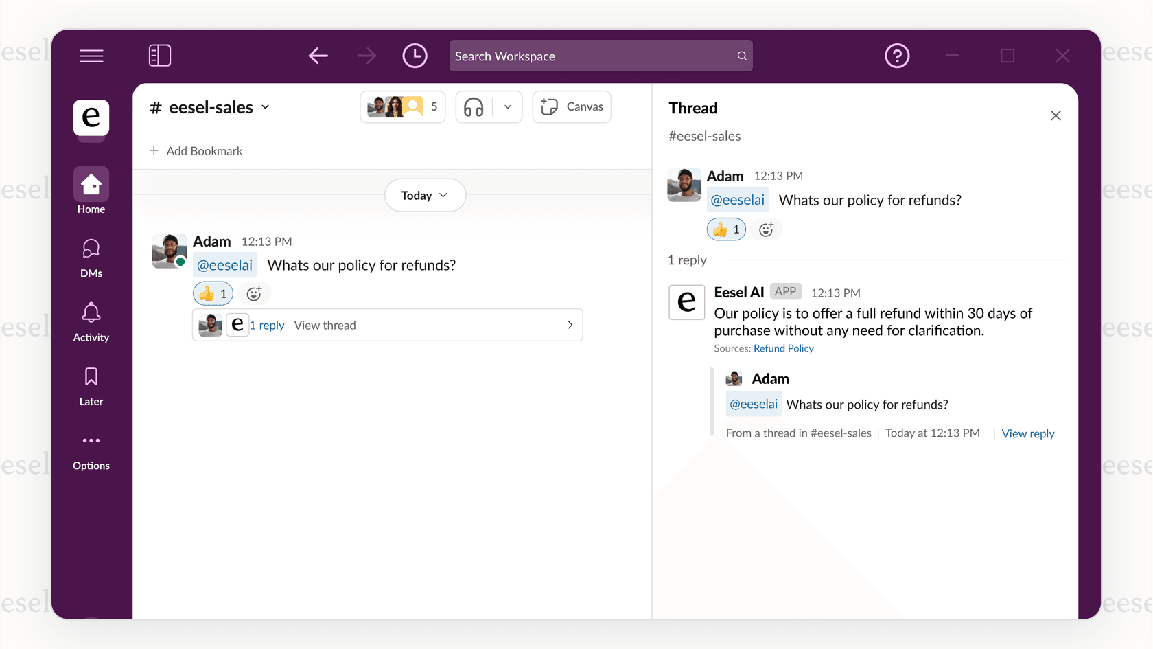 Screenshot showing an application of AI in business: where an AI assistant in Slack instantly answers an employee's question about the company vacation policy.